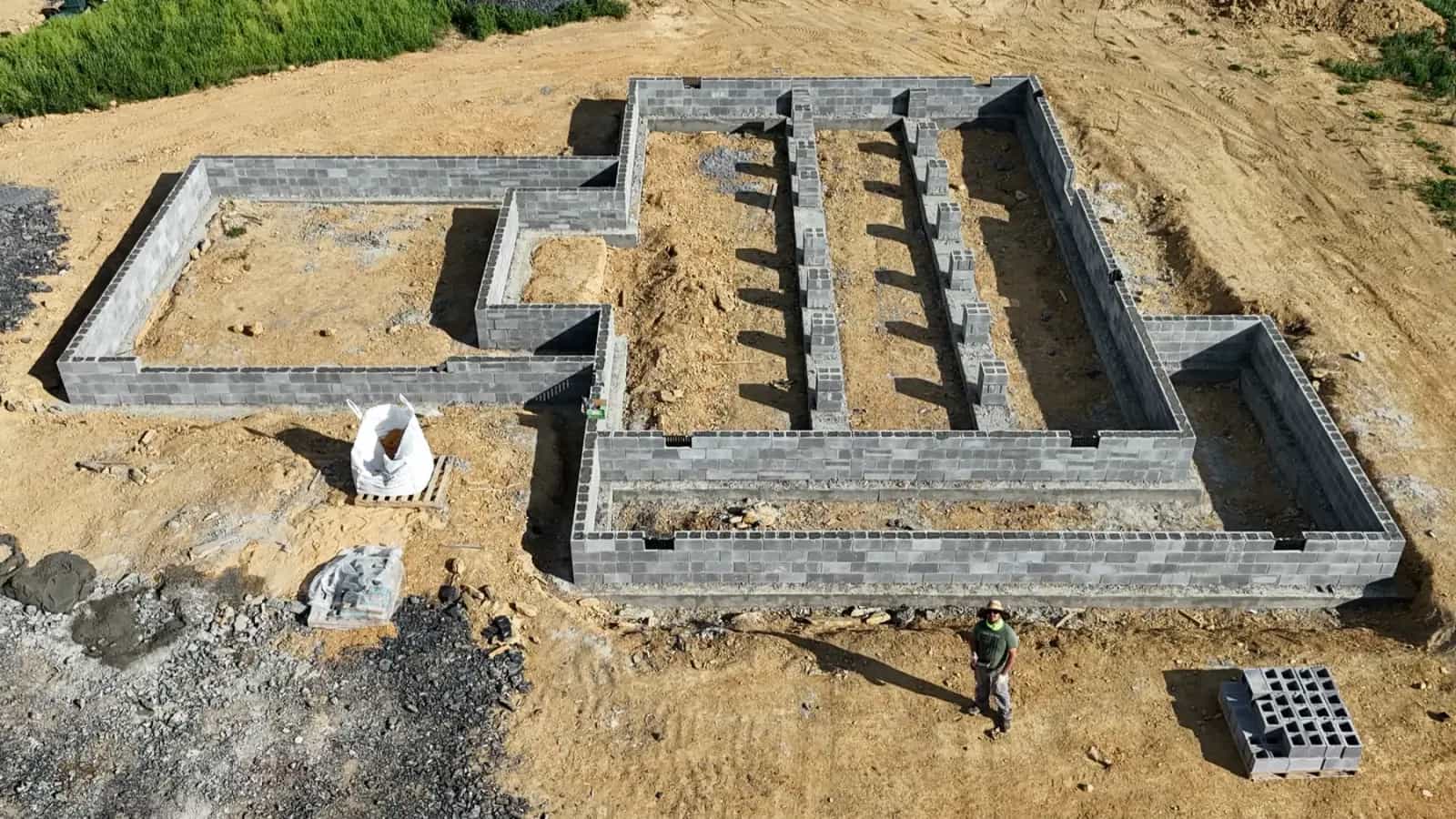 Aerial view of residential foundation formwork and slab preparation