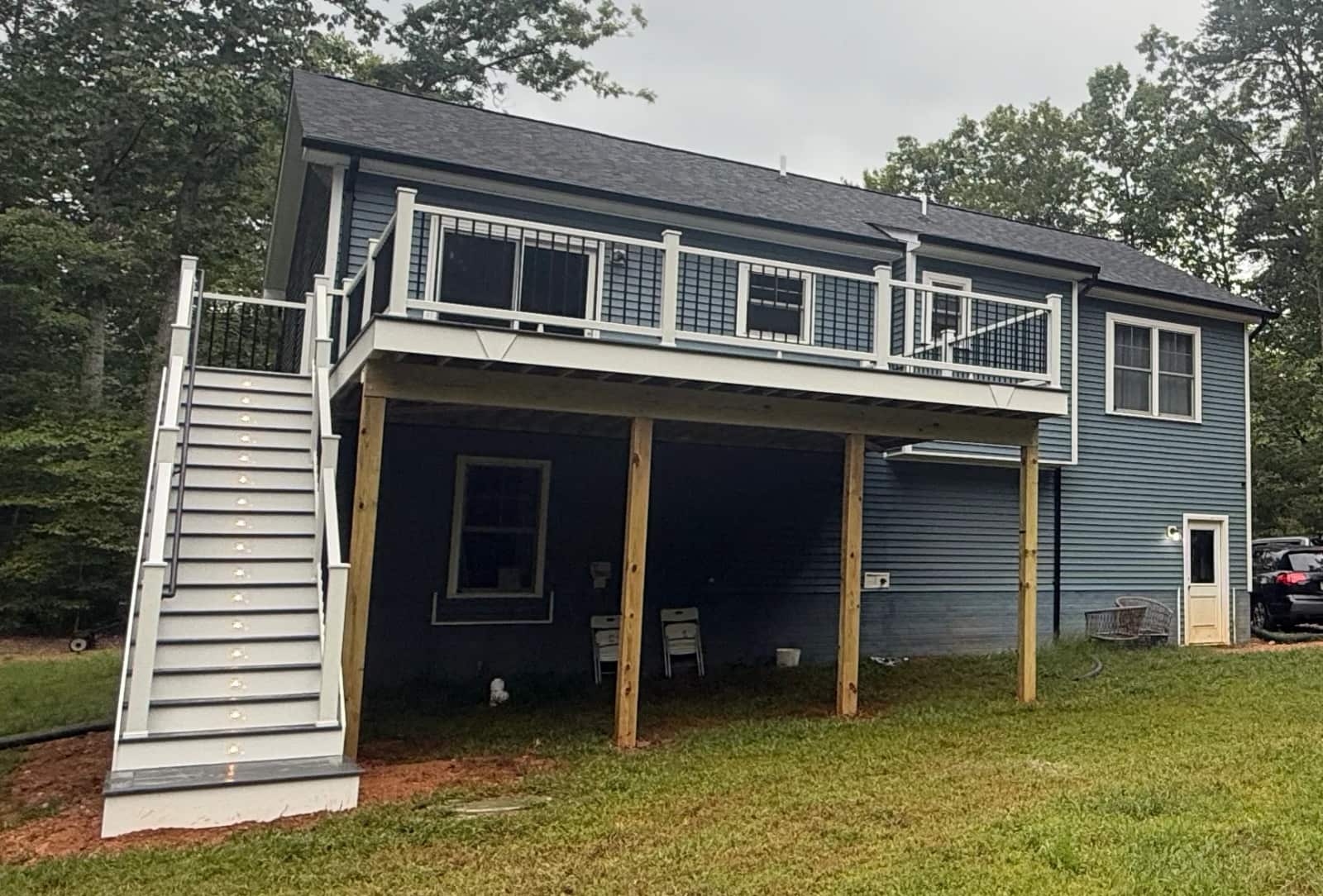 Front view of the completed deck and stair run with the lower space still open