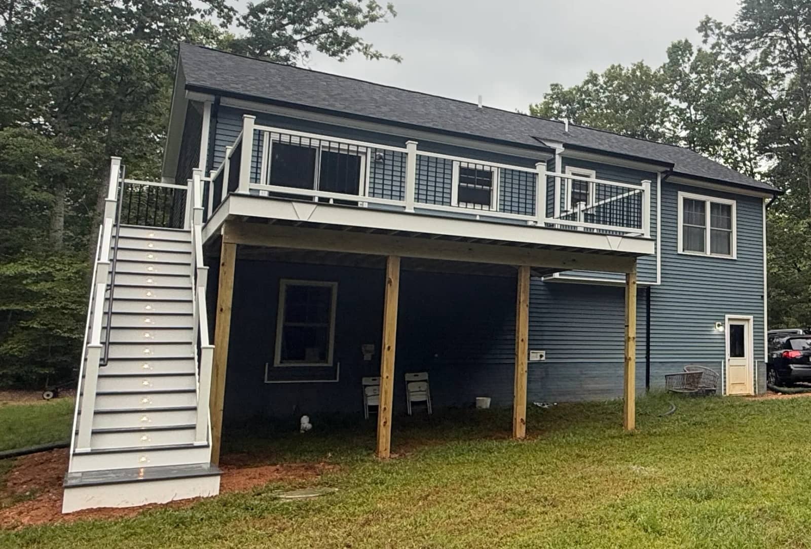 Front view of the completed deck and stair run with the lower space still open