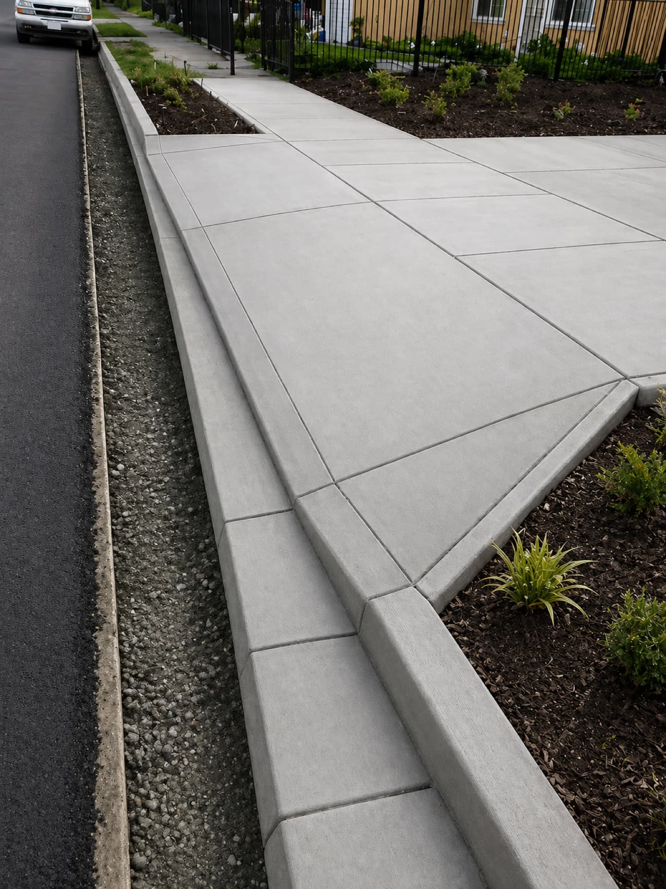 Finished concrete sidewalk, curb, and driveway apron with clean control joints