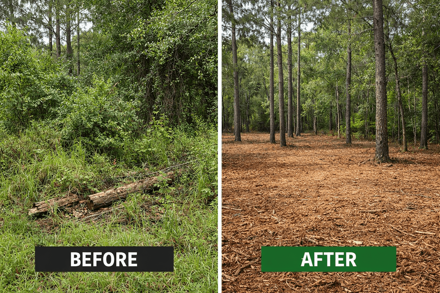 Before and after forestry mulching comparison showing dense overgrowth cleared into open wooded ground