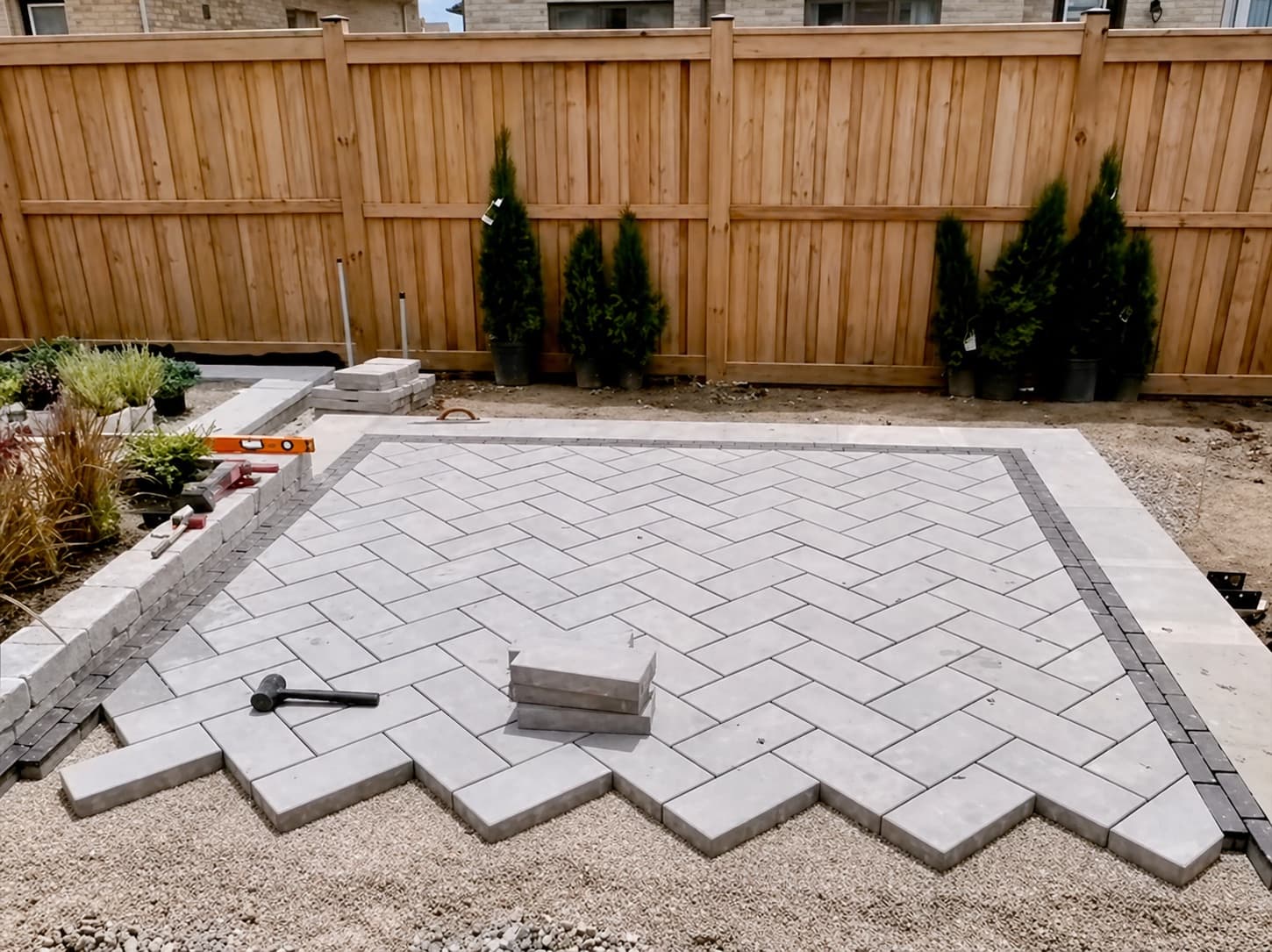 Herringbone paver patio installation in progress