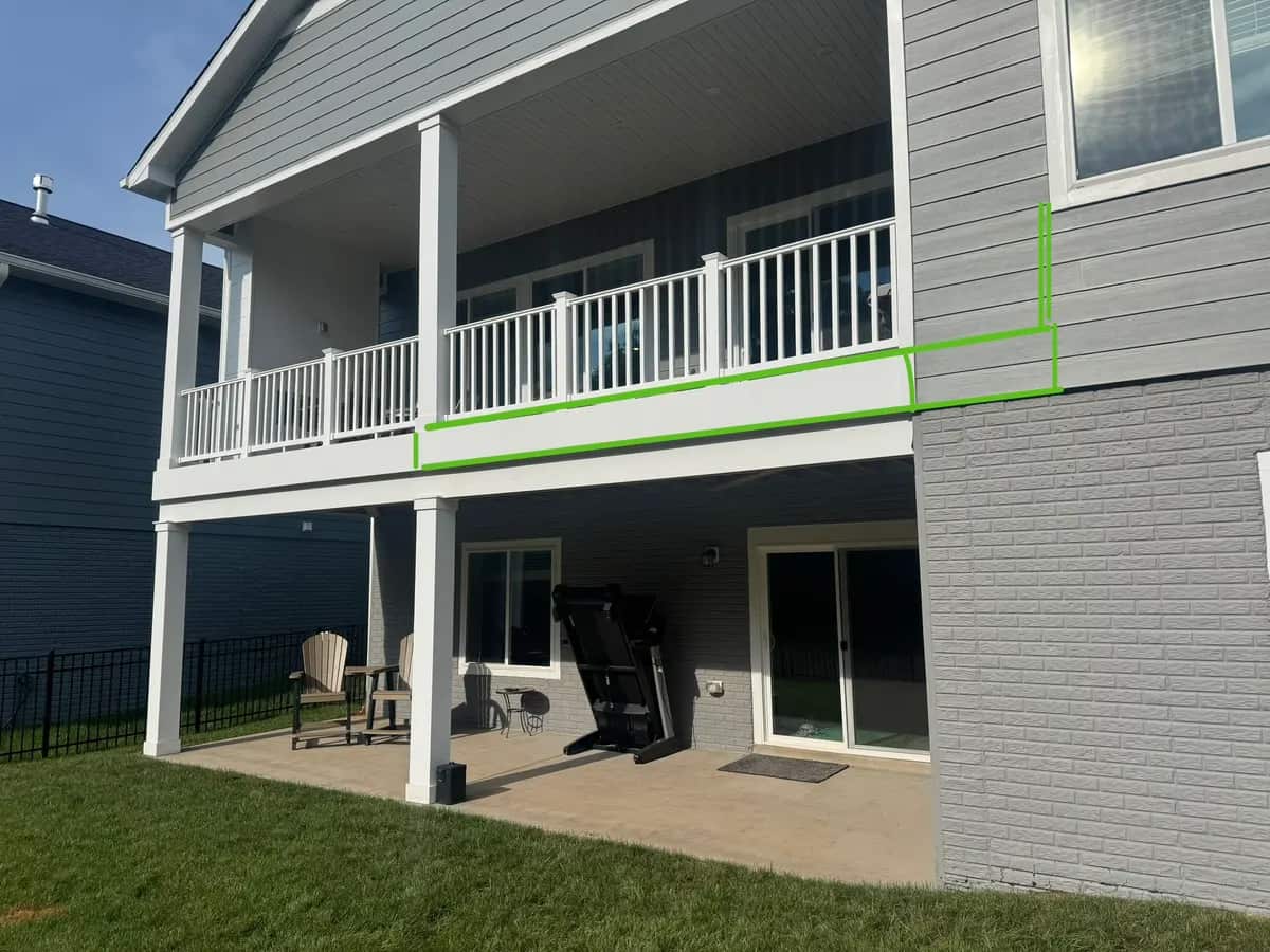 Before: the existing Culpeper deck had no stairs to the yard; green marks show the planned addition